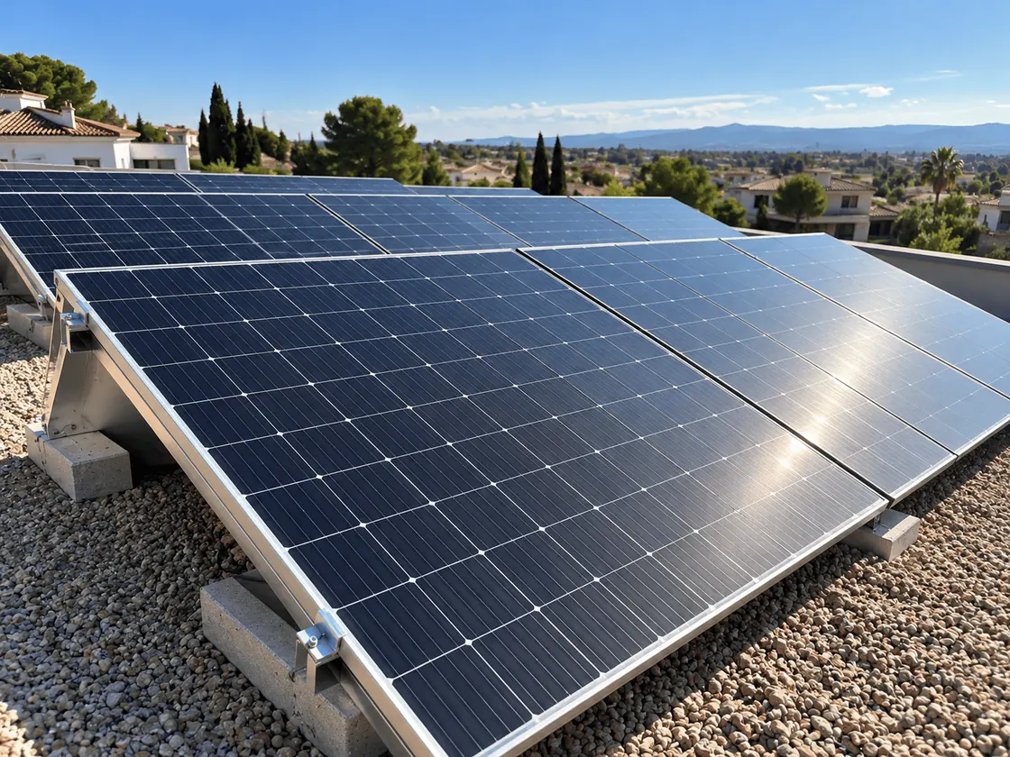 Paneles solares sobre estructura inclinada con lastre de hormigón en una cubierta plana de grava